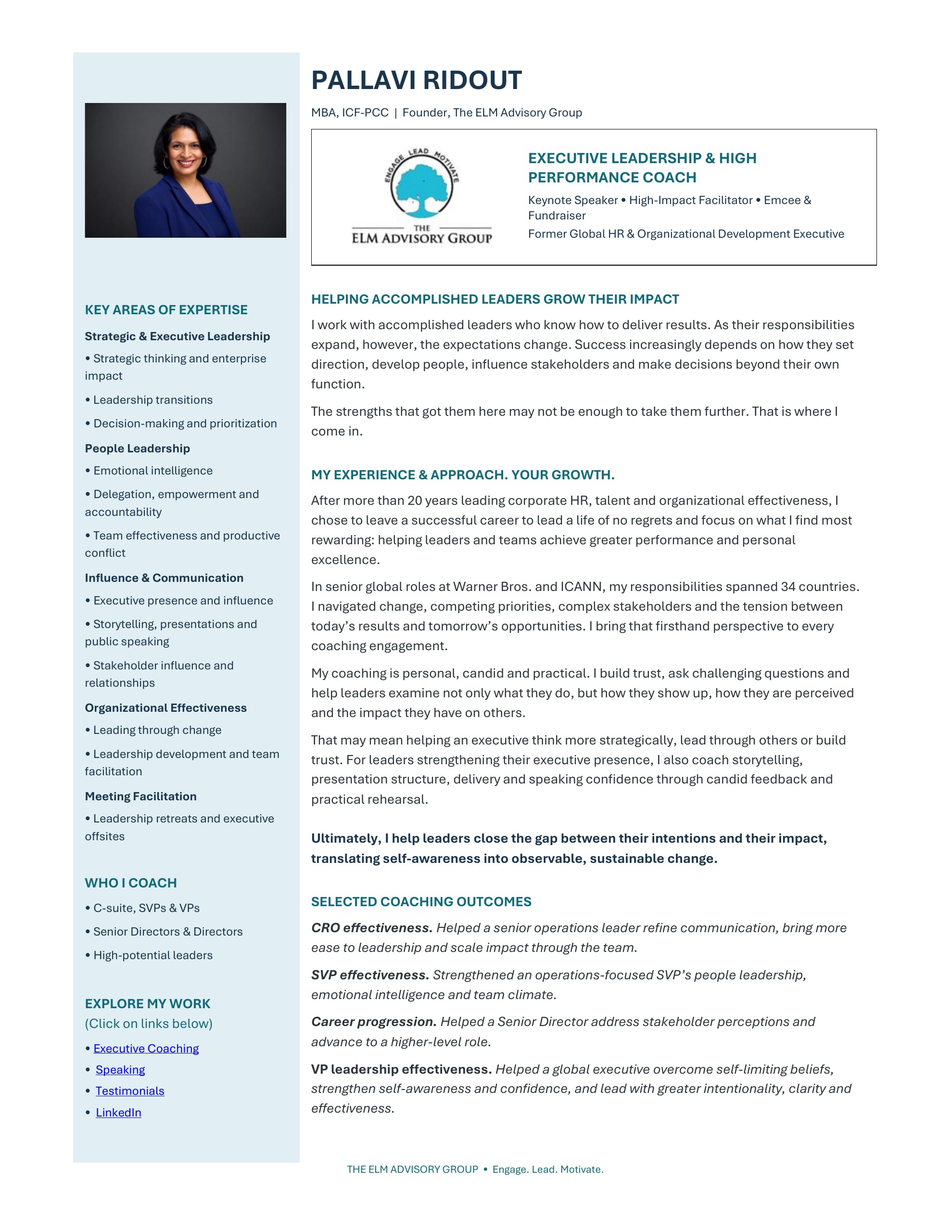 Pallavi Ridout executive coach bio, page 1